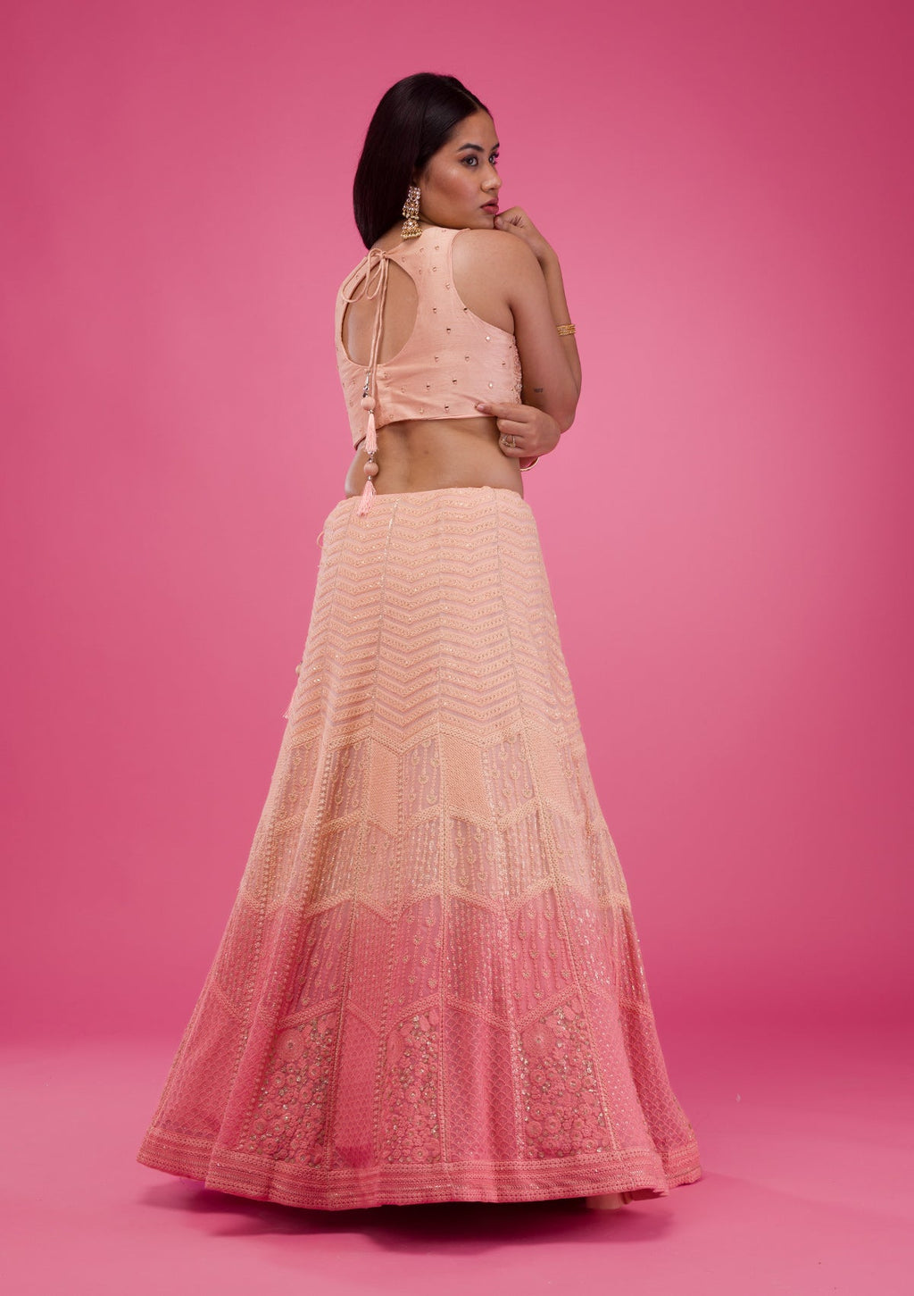Peach Threadwork Georgette Readymade Lehenga
