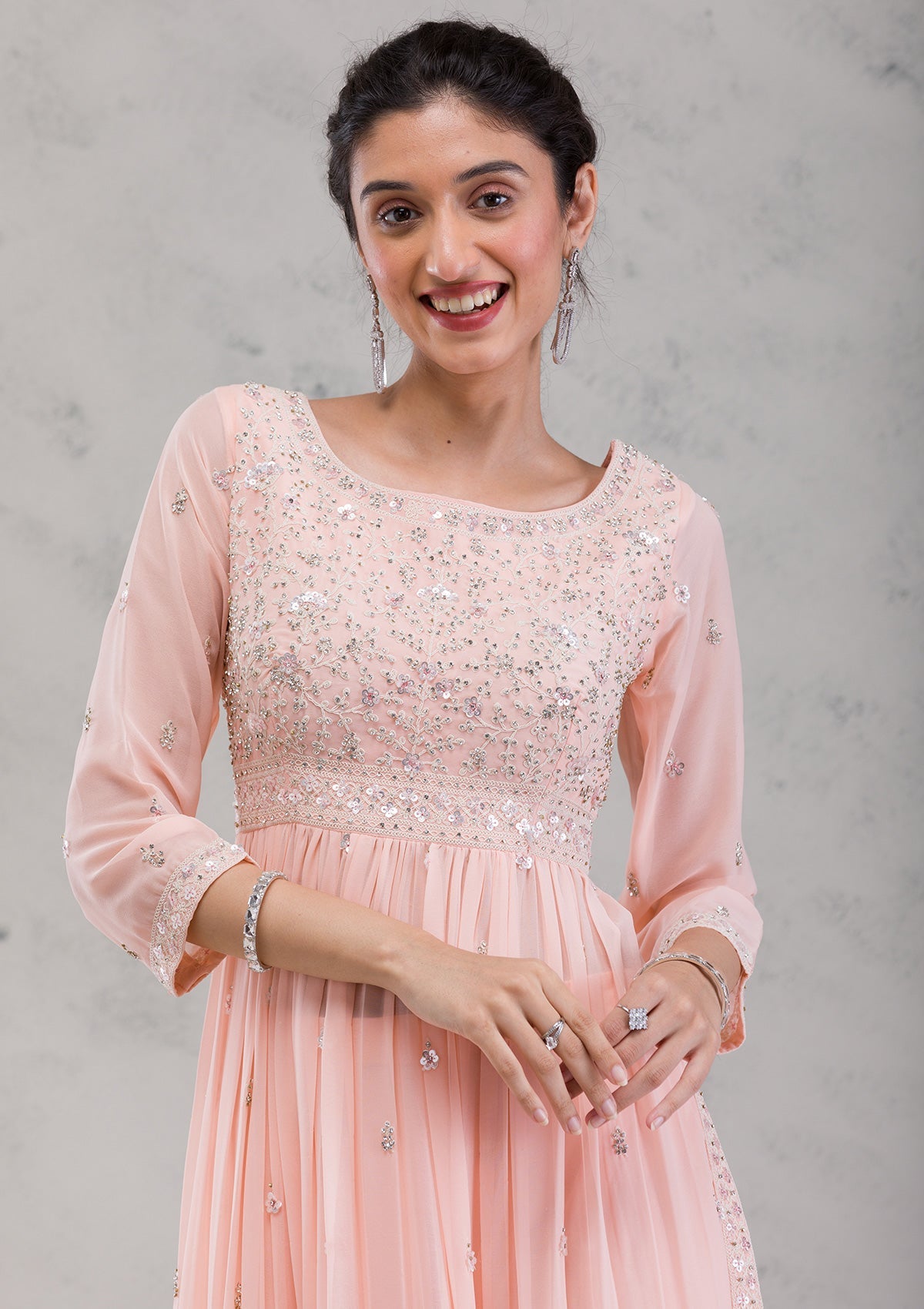 Peach Threadwork Georgette Readymade Salwar Suit