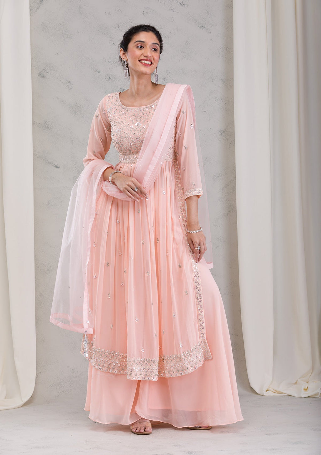 Peach Threadwork Georgette Readymade Salwar Suit