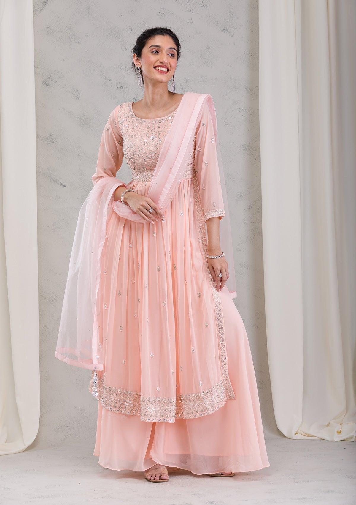 Peach Threadwork Georgette Readymade Salwar Suit