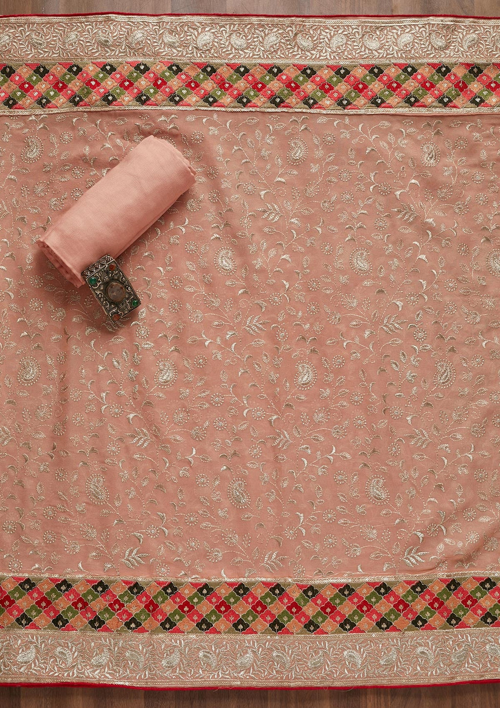 Peach Threadwork Georgette Unstitched Salwar Suit