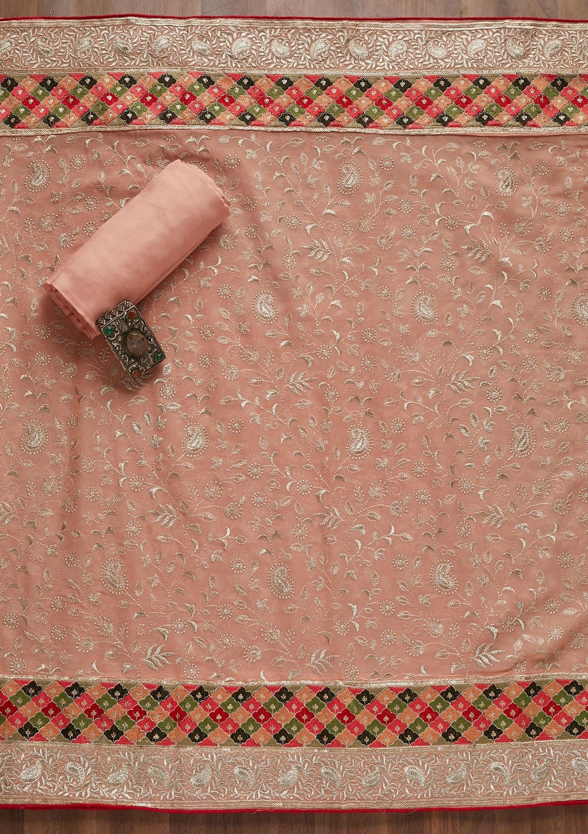 Peach Threadwork Georgette Unstitched Salwar Suit