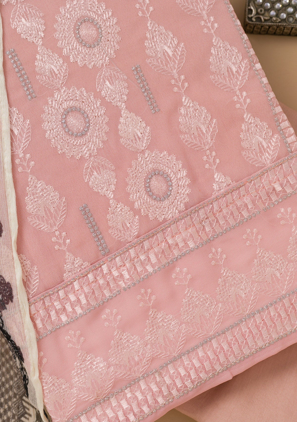 Peach Threadwork Georgette Unstitched Salwar Suit