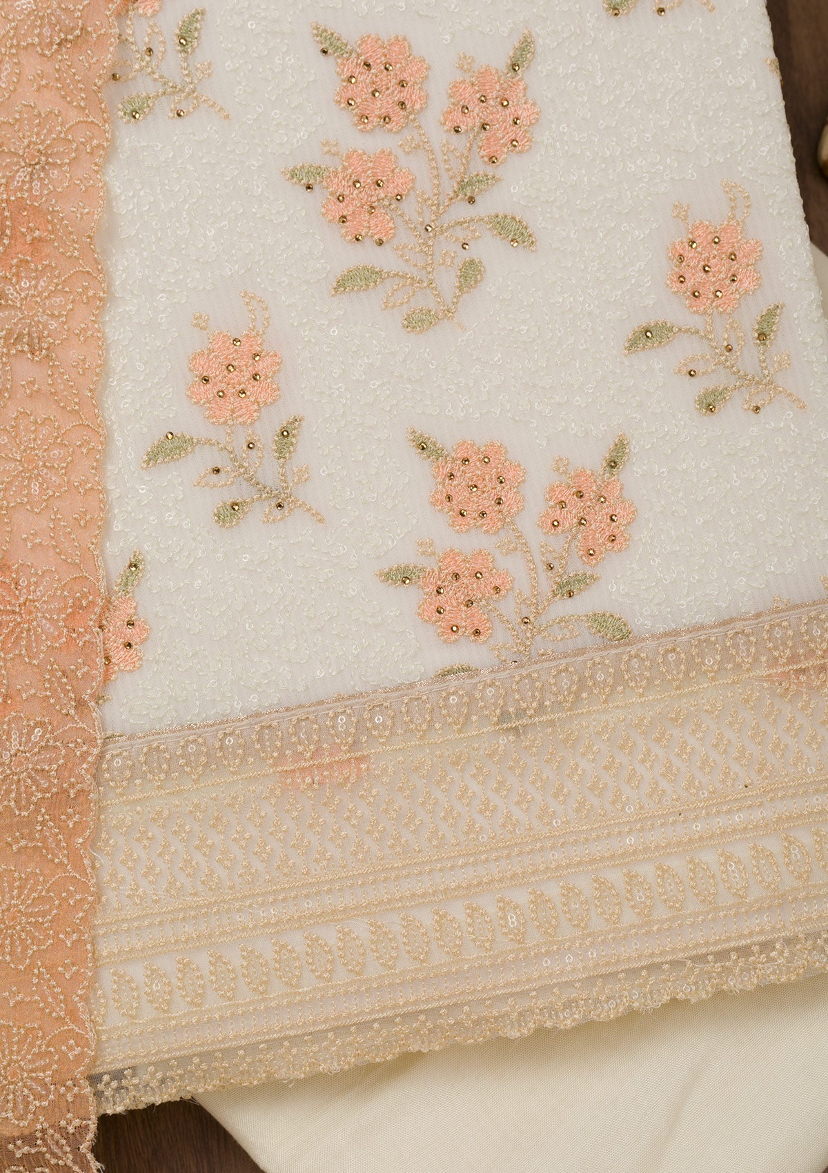 Peach Threadwork Georgette Unstitched Salwar Suit