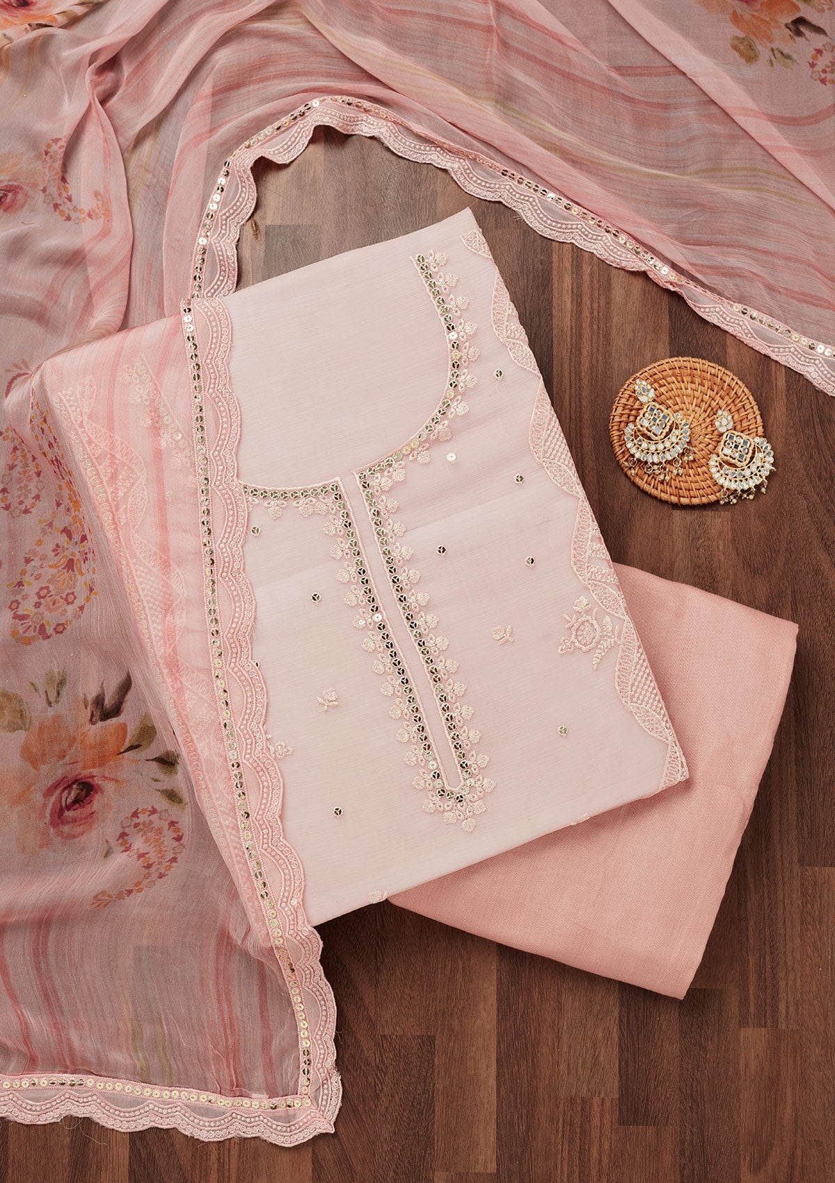 Peach Threadwork Georgette Unstitched Salwar Suit