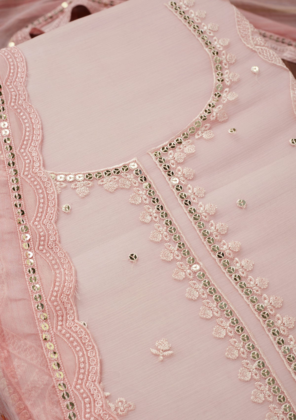 Peach Threadwork Georgette Unstitched Salwar Suit