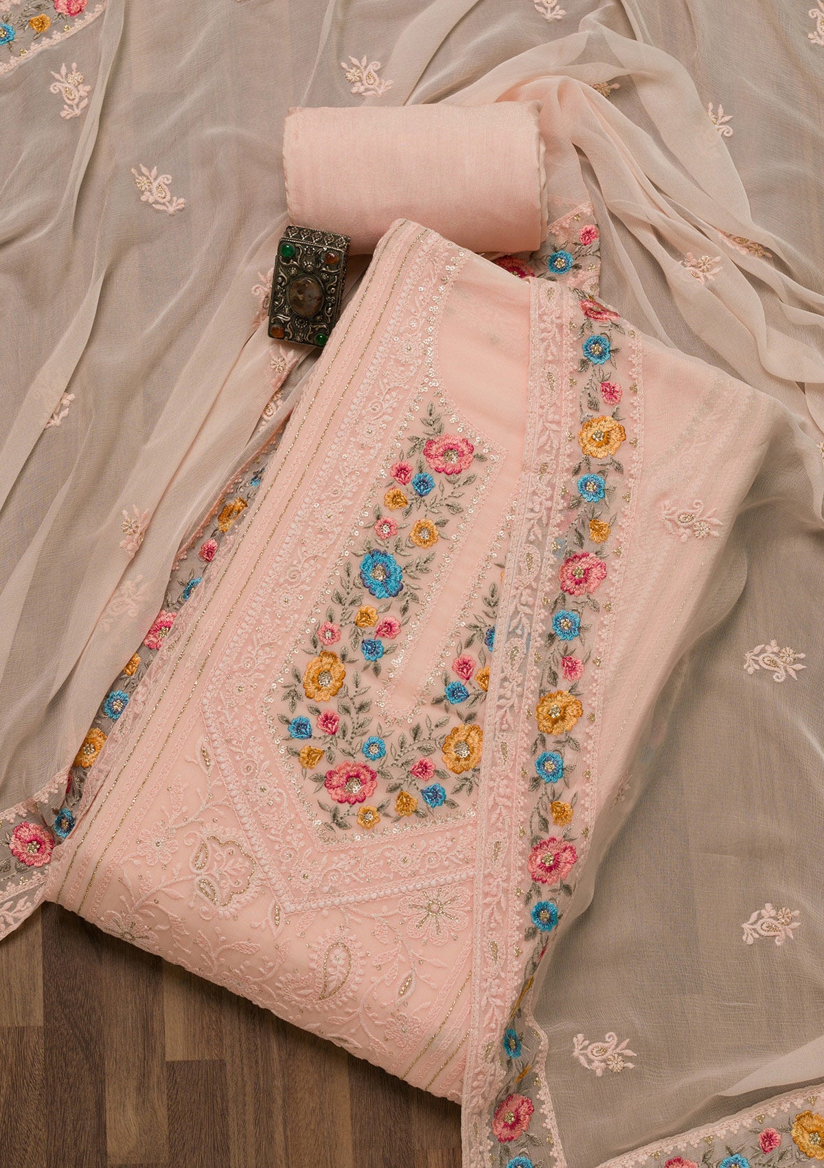 Peach Threadwork Georgette Unstitched Salwar Suit