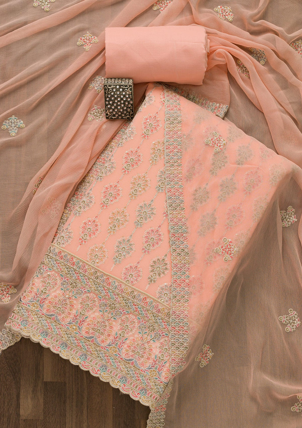 Peach Threadwork Georgette Unstitched Salwar Suit