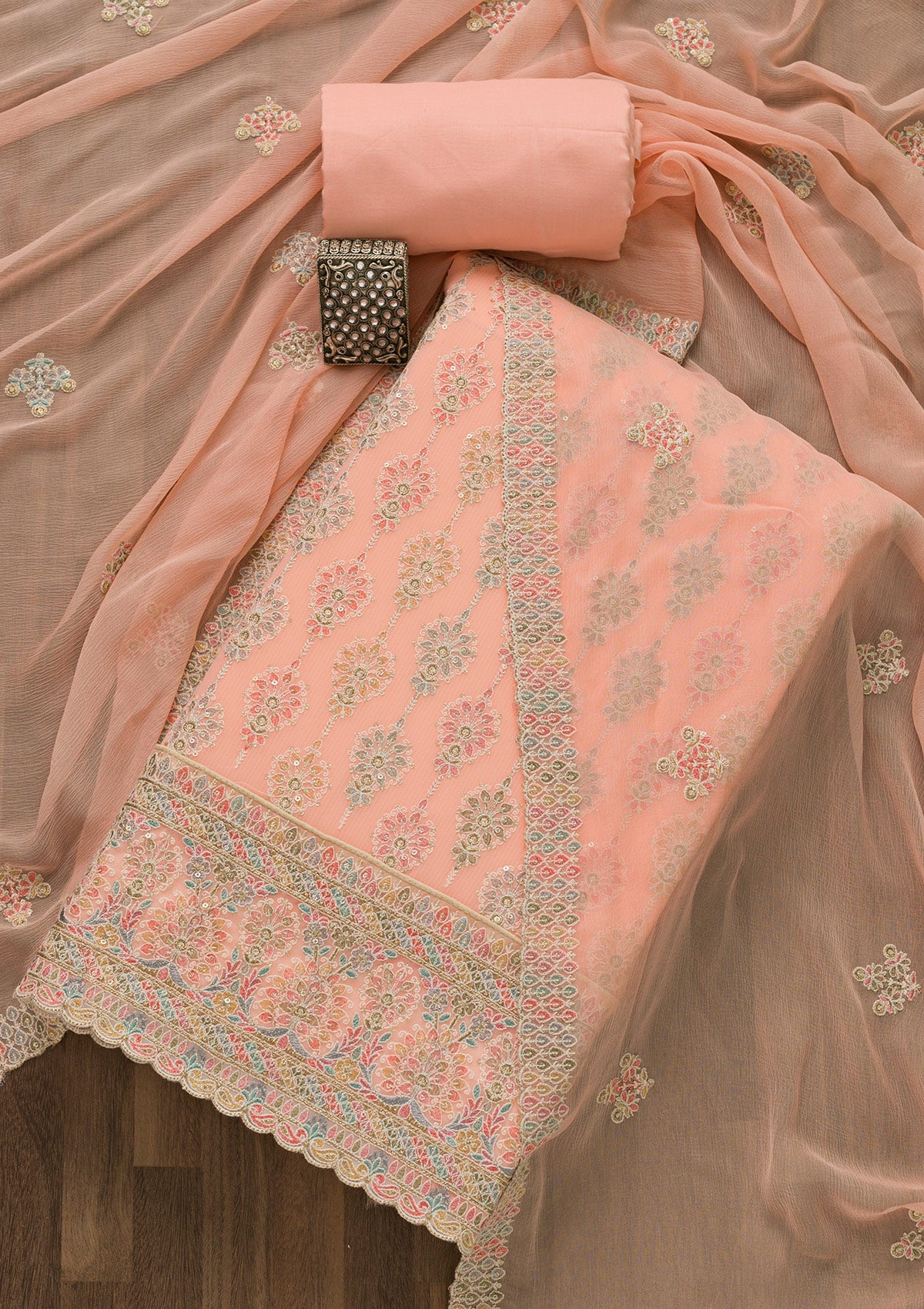 Peach Threadwork Georgette Unstitched Salwar Suit