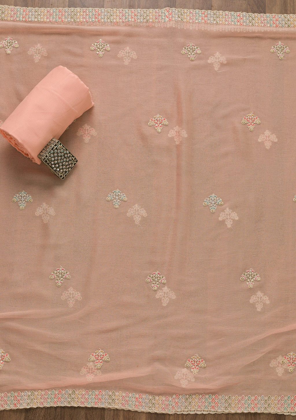 Peach Threadwork Georgette Unstitched Salwar Suit