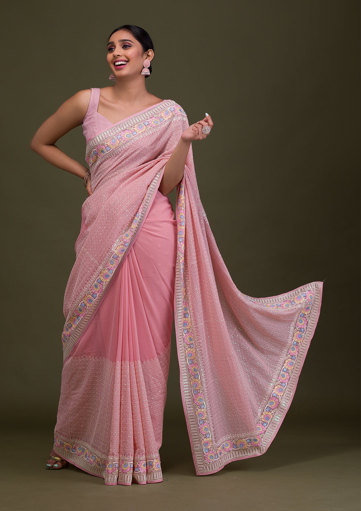 Peach Threadwork Georgette Saree