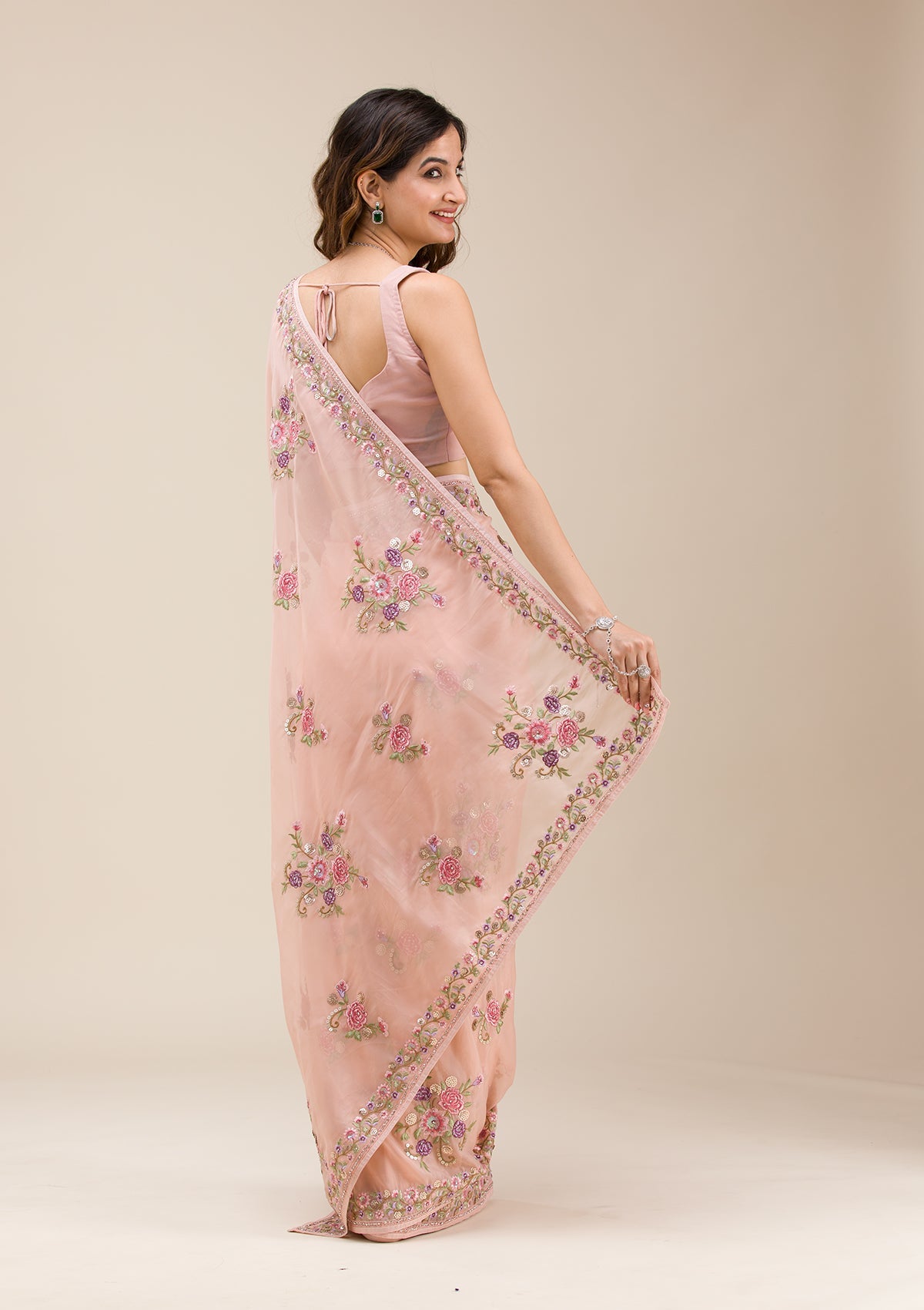 Peach Threadwork Tissue Saree