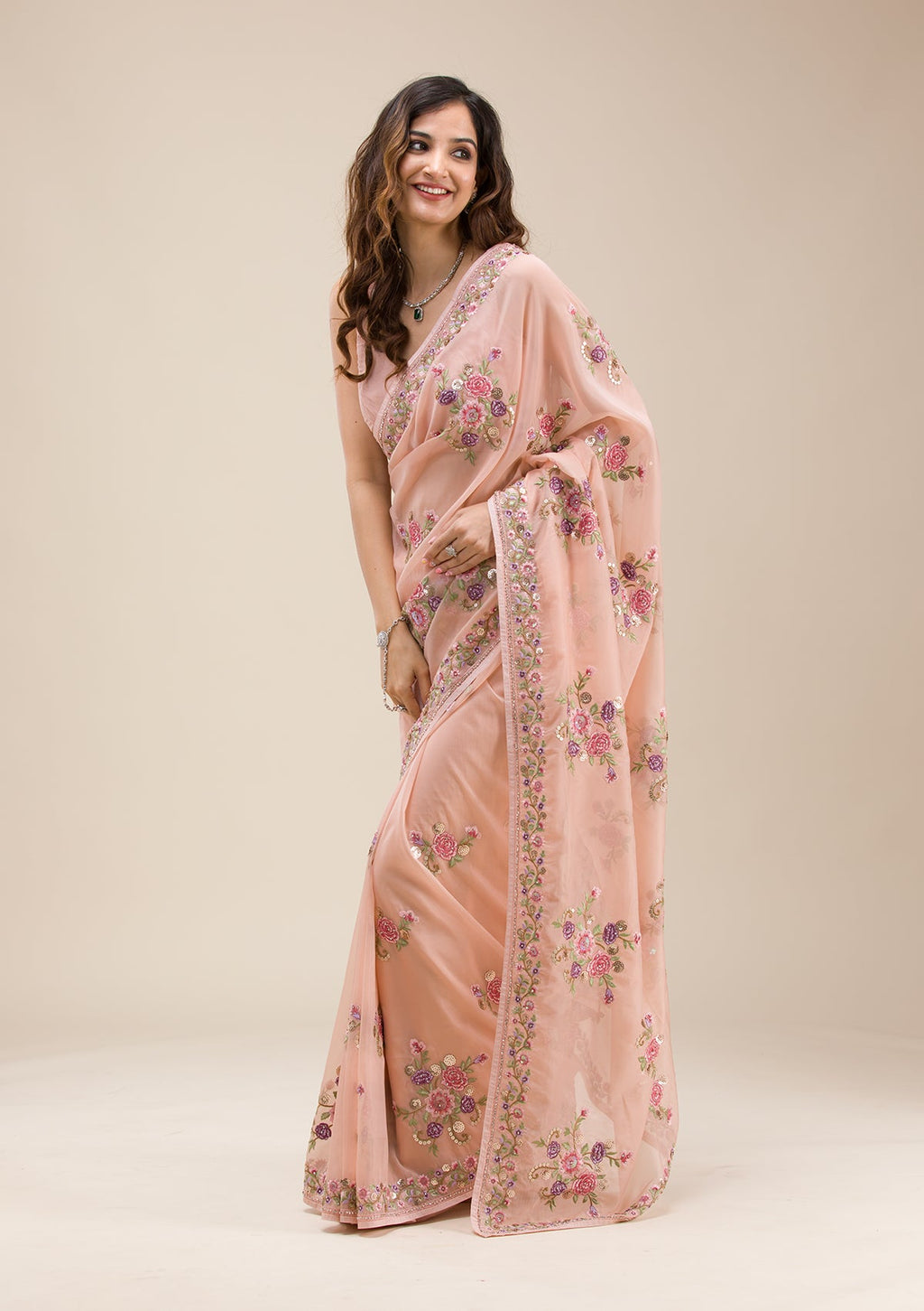 Peach Threadwork Tissue Saree