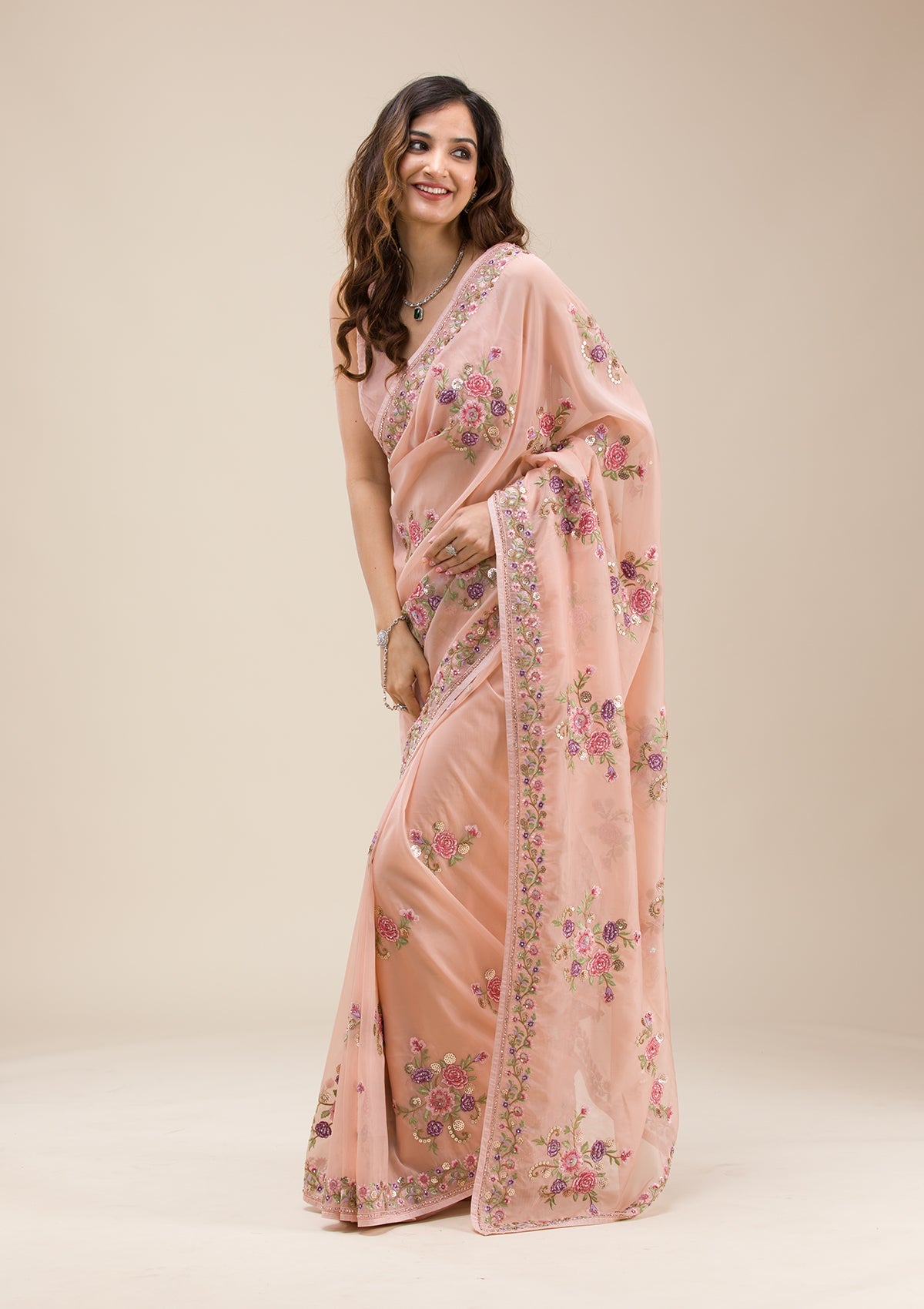 Peach Threadwork Tissue Saree