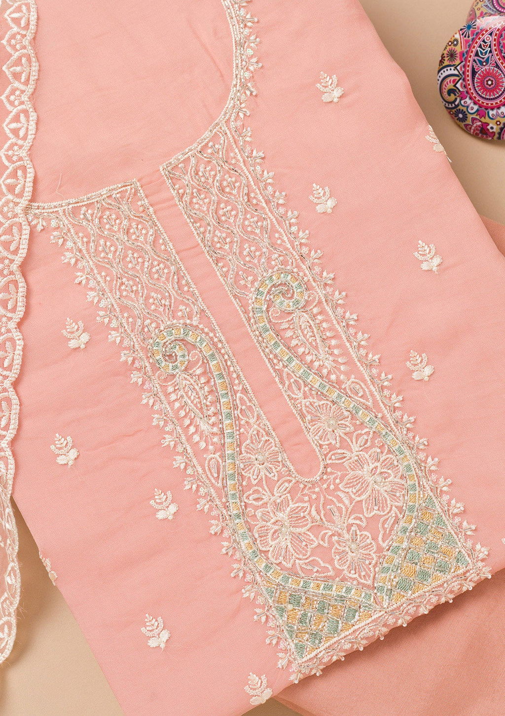 Peach Threadwork Organza Unstitched Salwar Suit