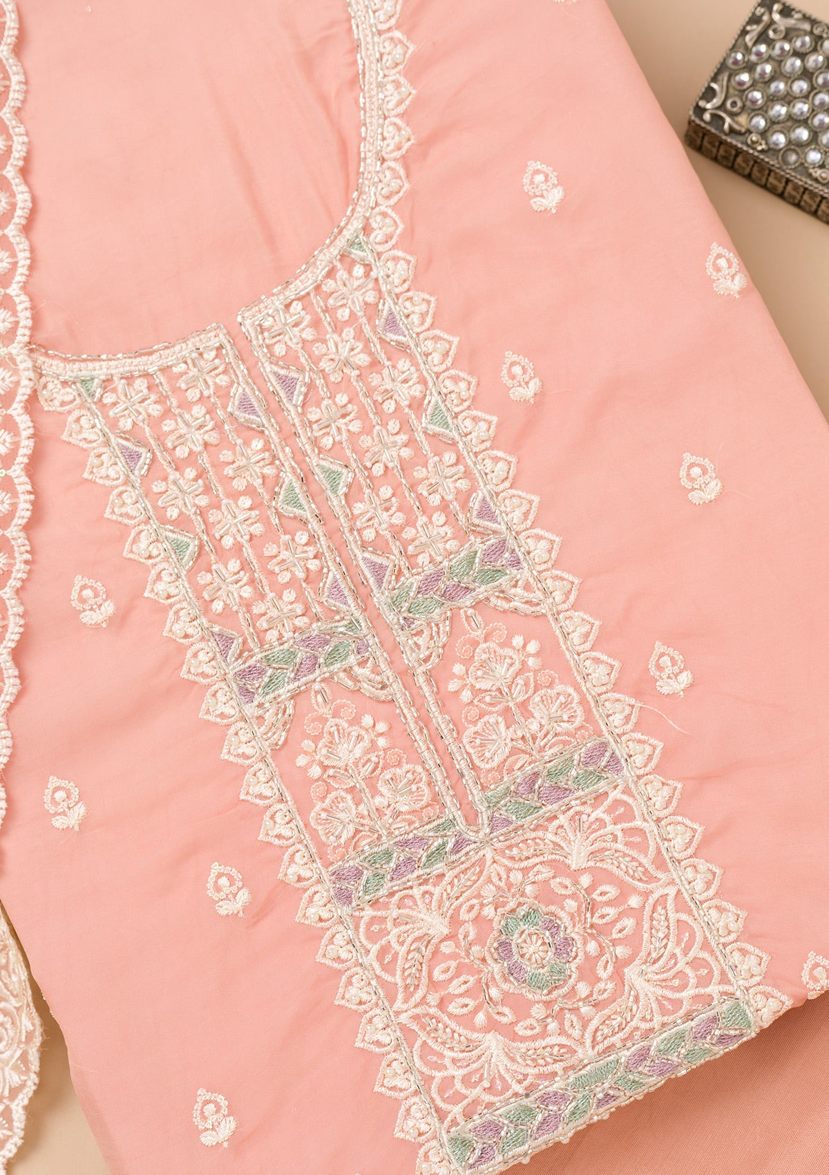 Peach Threadwork Organza Unstitched Salwar Suit