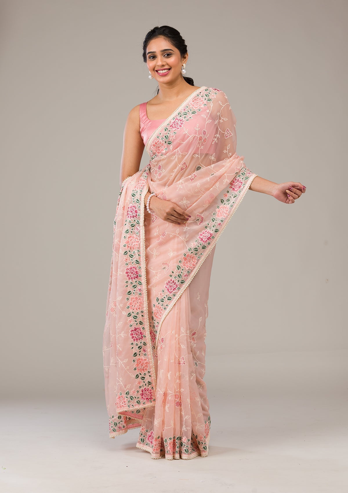Peach Threadwork Tissue Saree
