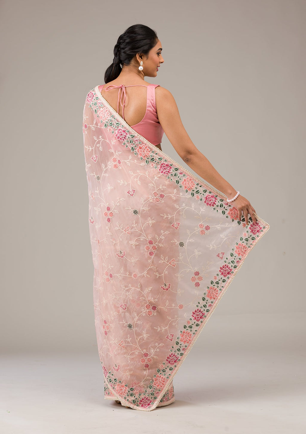 Peach Threadwork Tissue Saree