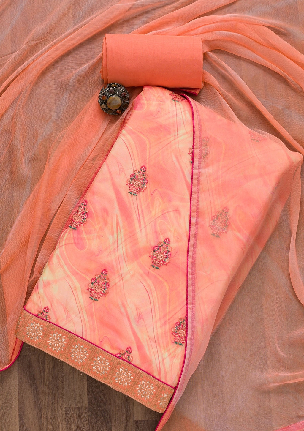 Peach Threadwork Semi Crepe Unstitched Salwar Suit