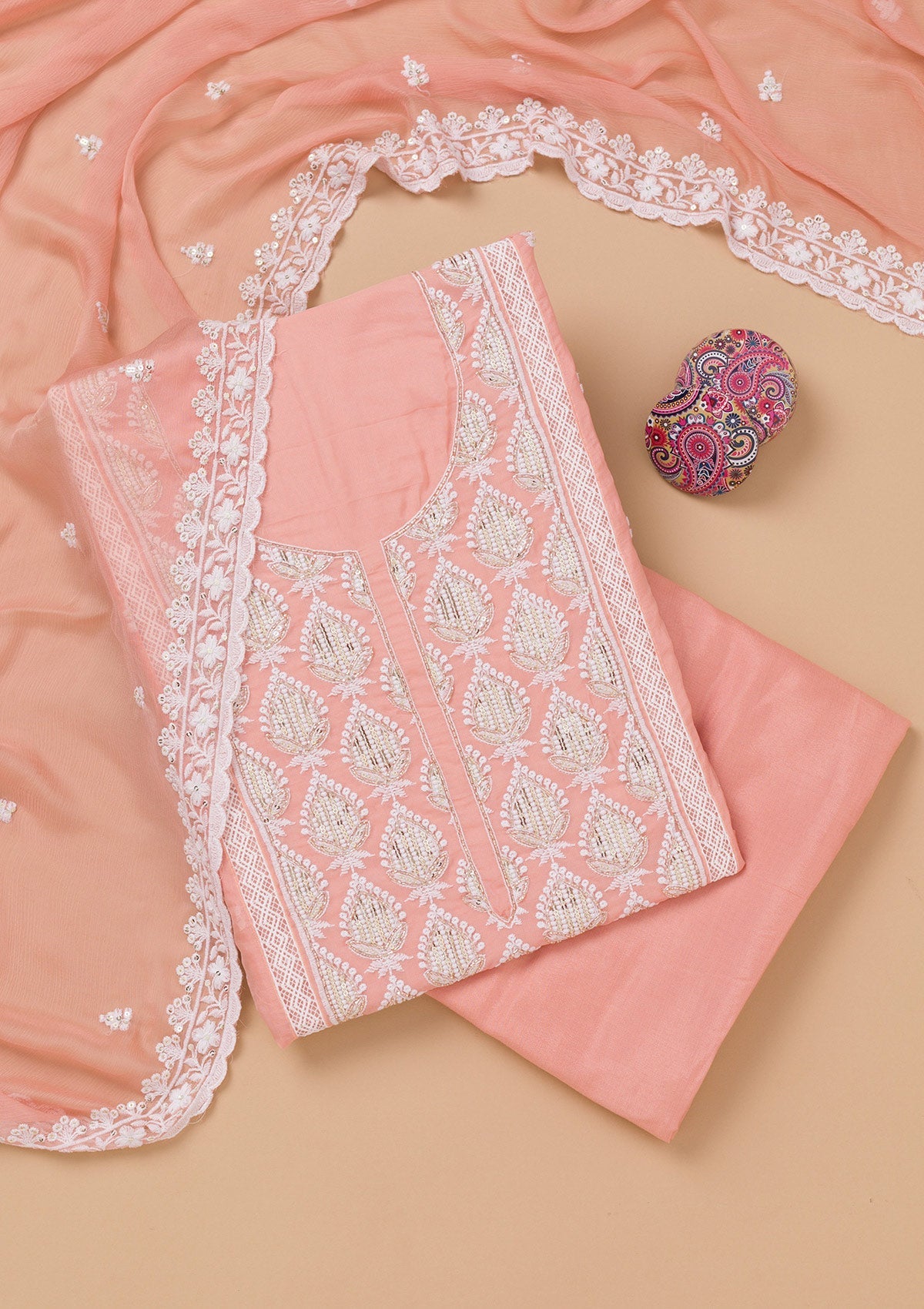 Peach Threadwork Semi Crepe Unstitched Salwar Suit