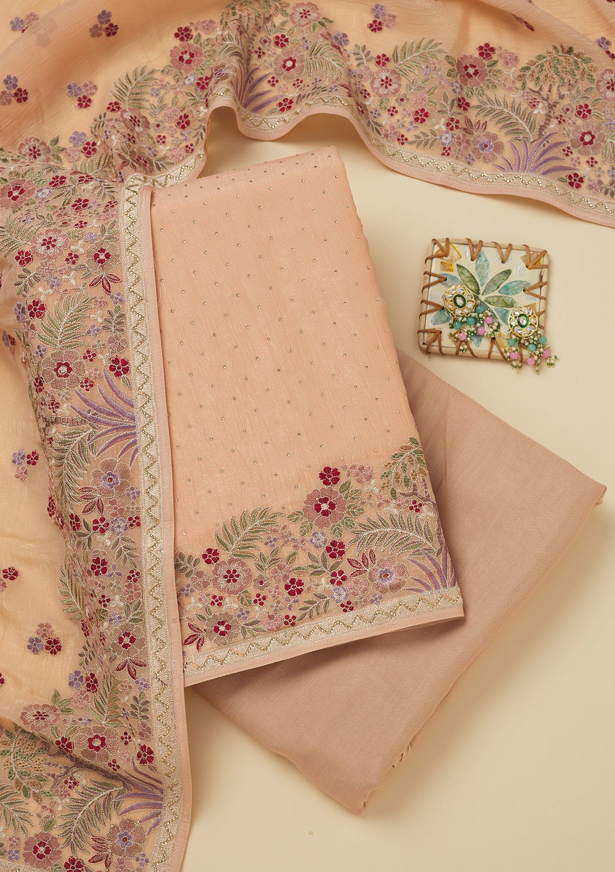 Peach Threadwork Tissue Unstitched Salwar Suit
