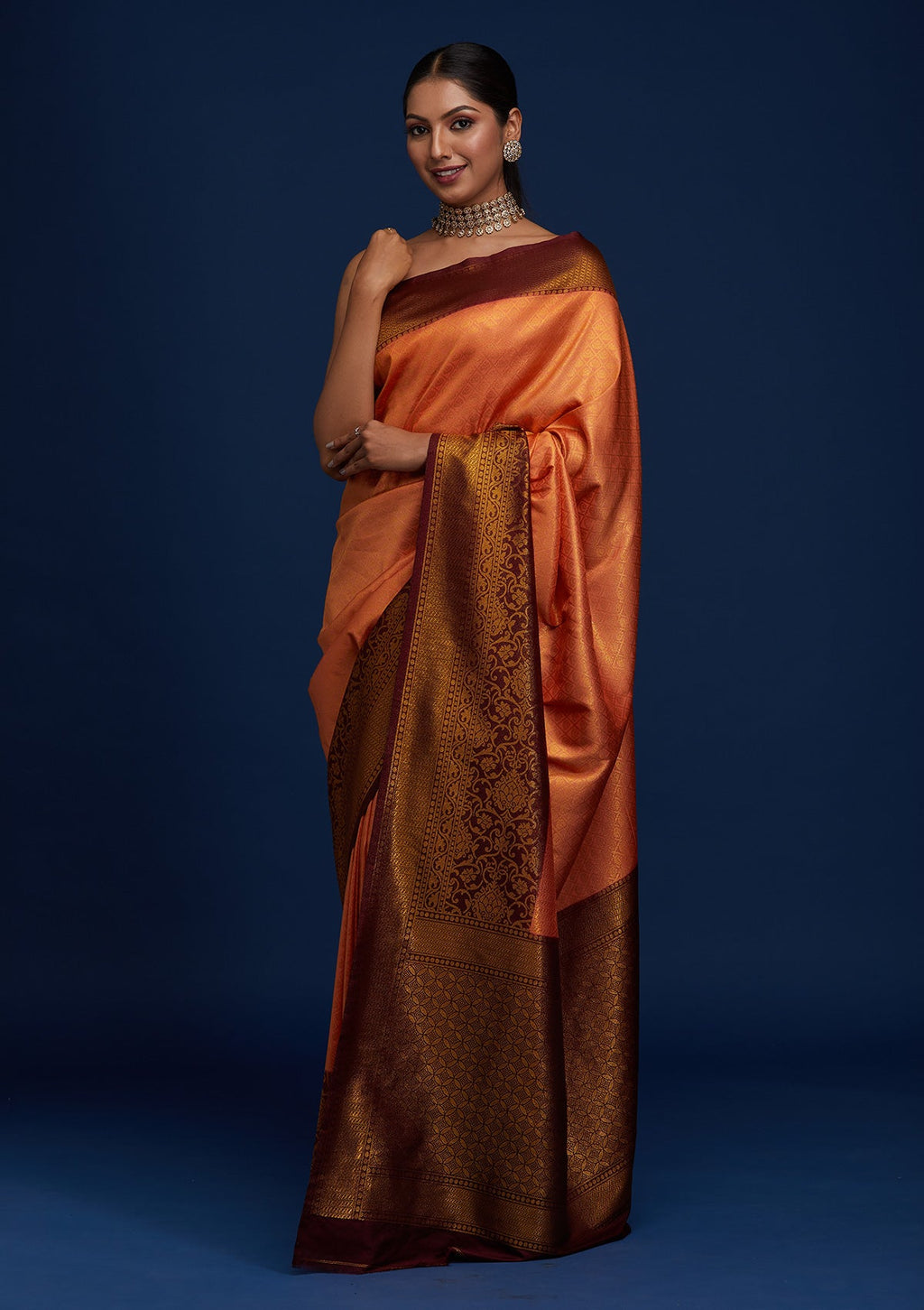 Peach Zari Work Banarasi Saree