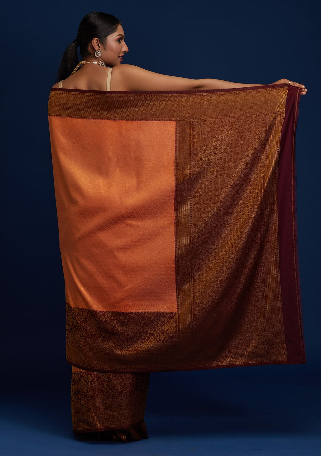 Peach Zari Work Banarasi Saree