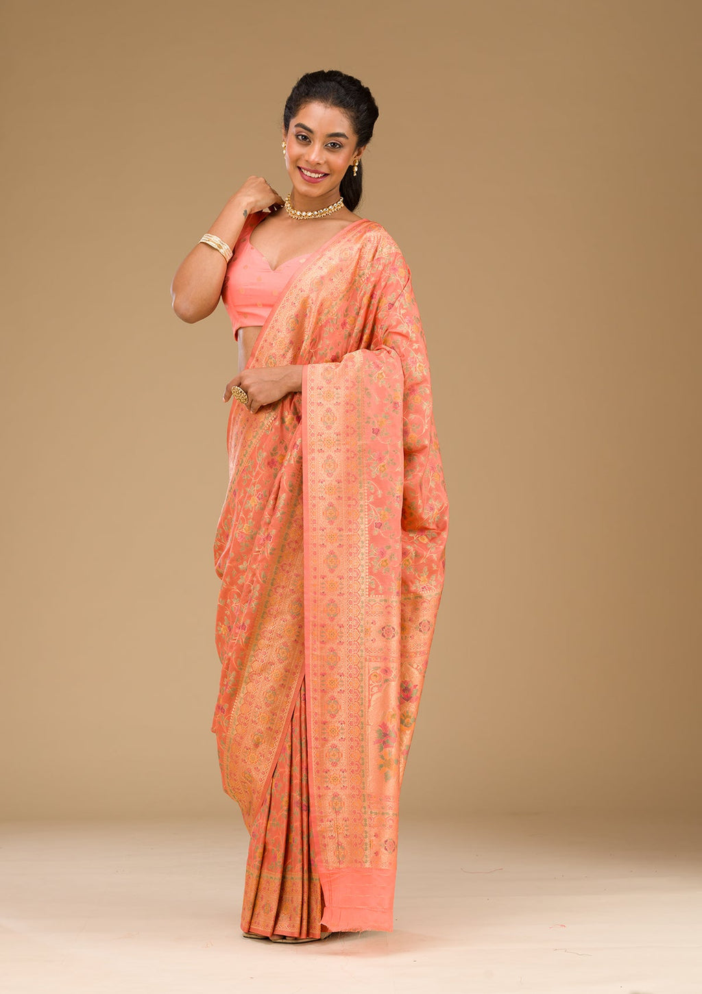Peach Zariwork Art Silk Saree