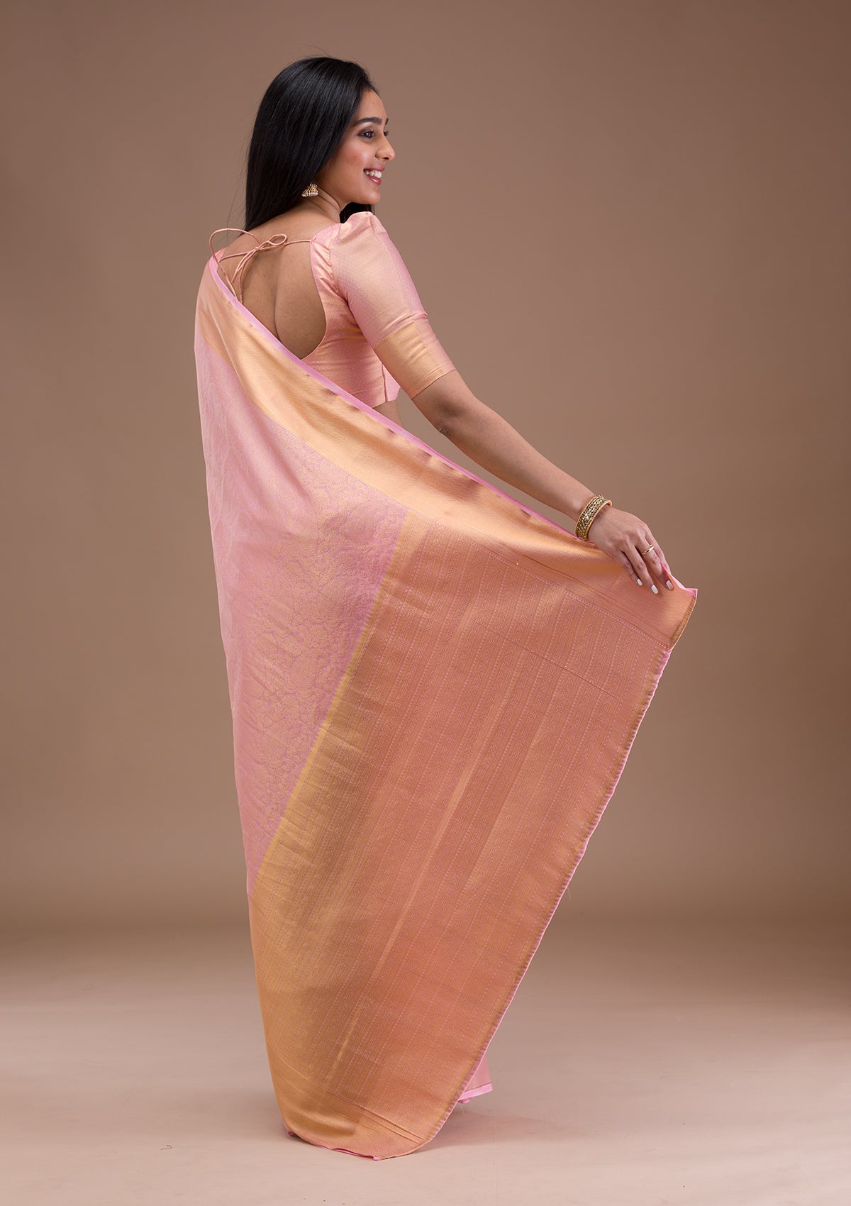 Peach Zariwork Banarasi Silk Saree