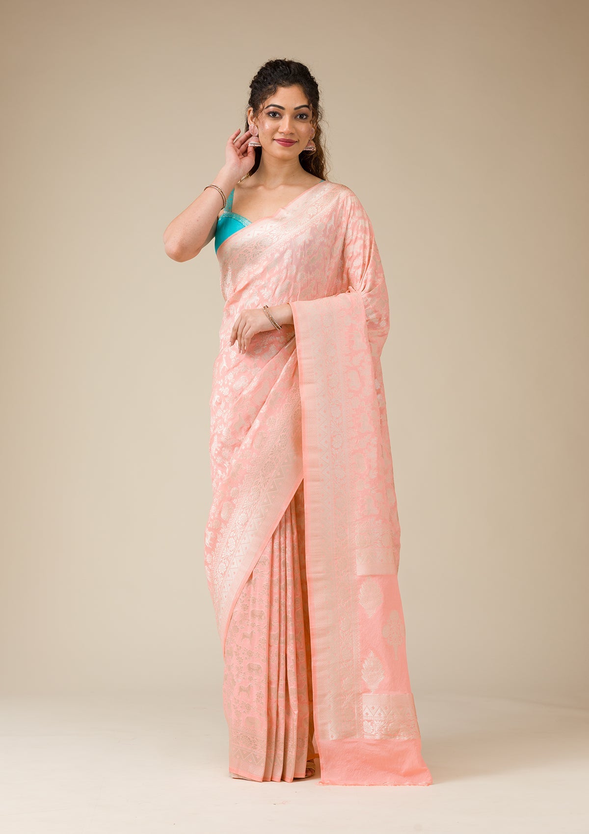 Peach Zariwork (Gold) Georgette Saree