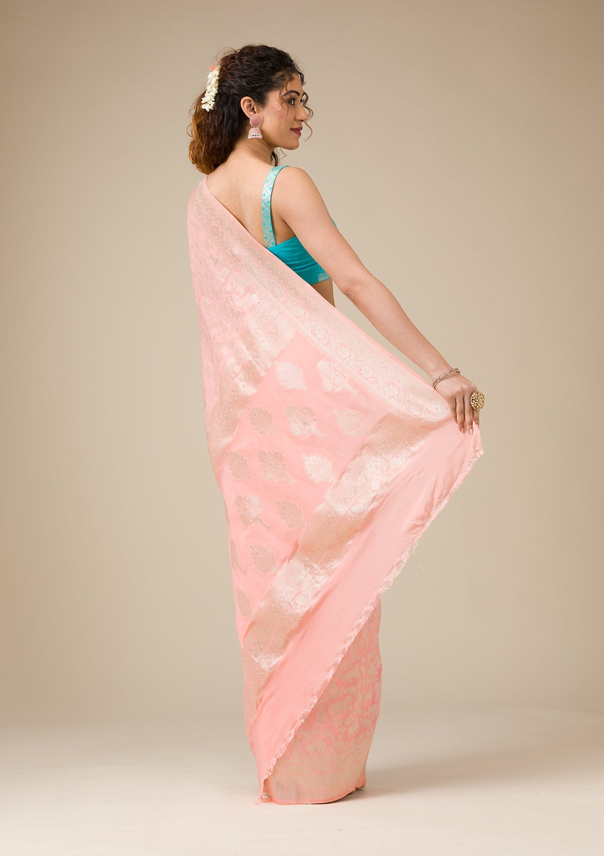 Peach Zariwork (Gold) Georgette Saree
