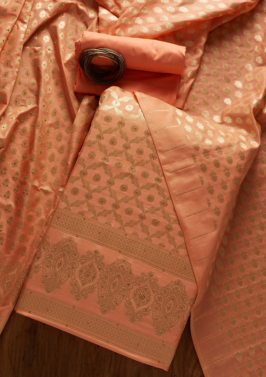 Peach Zariwork Banarasi Unstitched Salwar Suit
