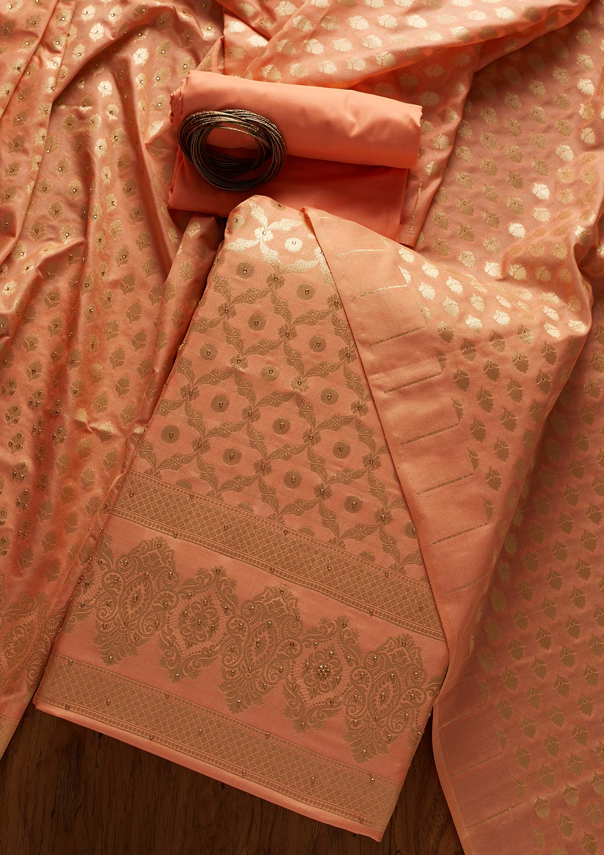 Peach Zariwork Banarasi Unstitched Salwar Suit