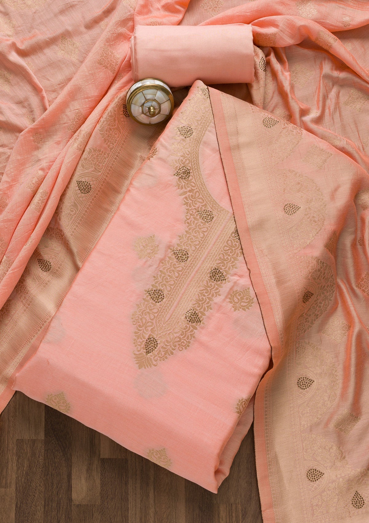 Peach Zariwork Cotton Unstitched Salwar Suit