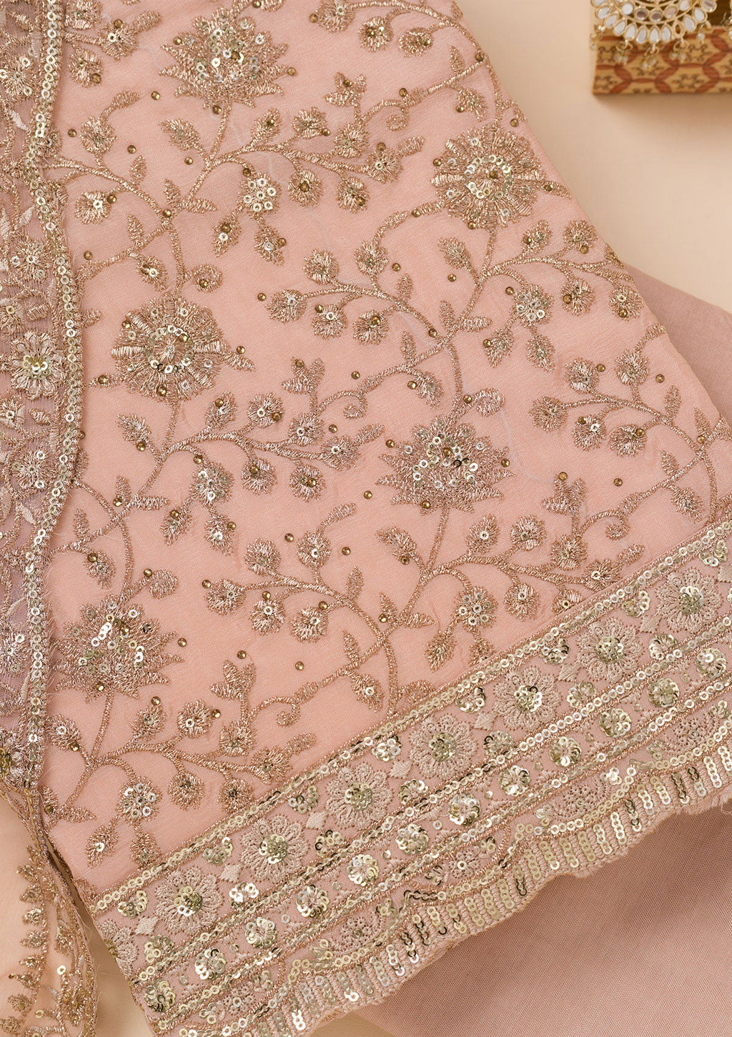Peach Zariwork Georgette Unstitched Salwar Suit
