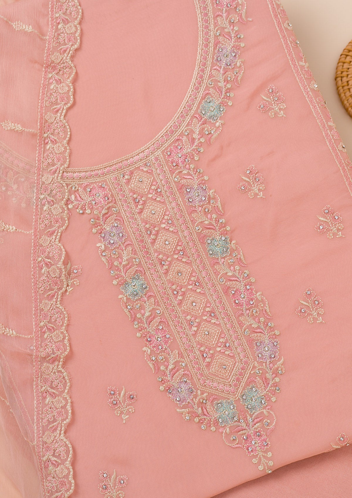 Peach Zariwork Georgette Unstitched Salwar Suit