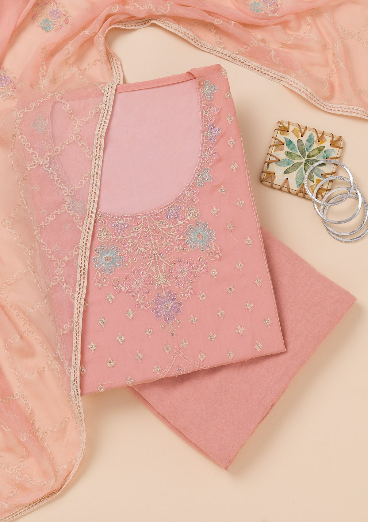 Peach Zariwork Georgette Unstitched Salwar Suit