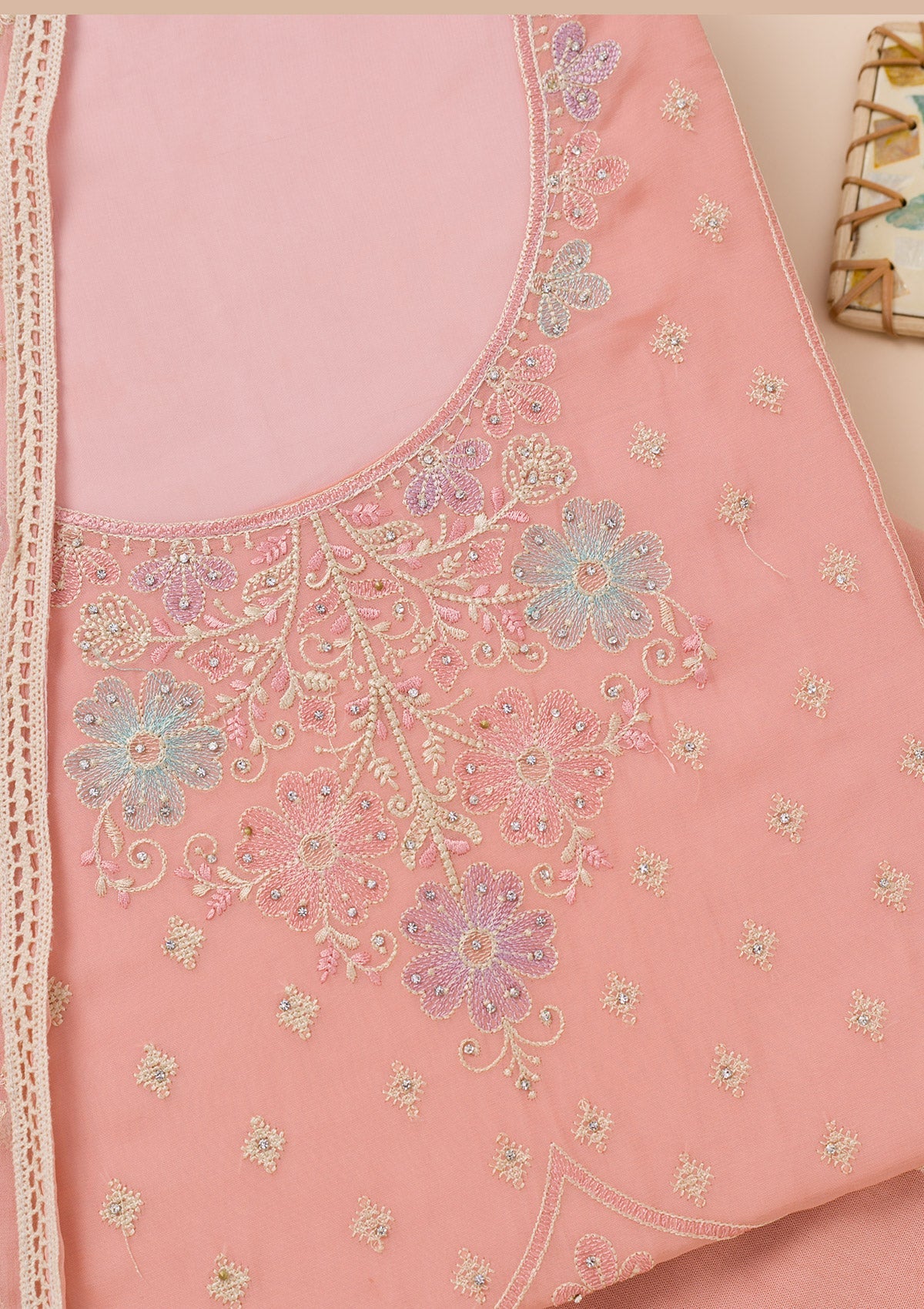 Peach Zariwork Georgette Unstitched Salwar Suit