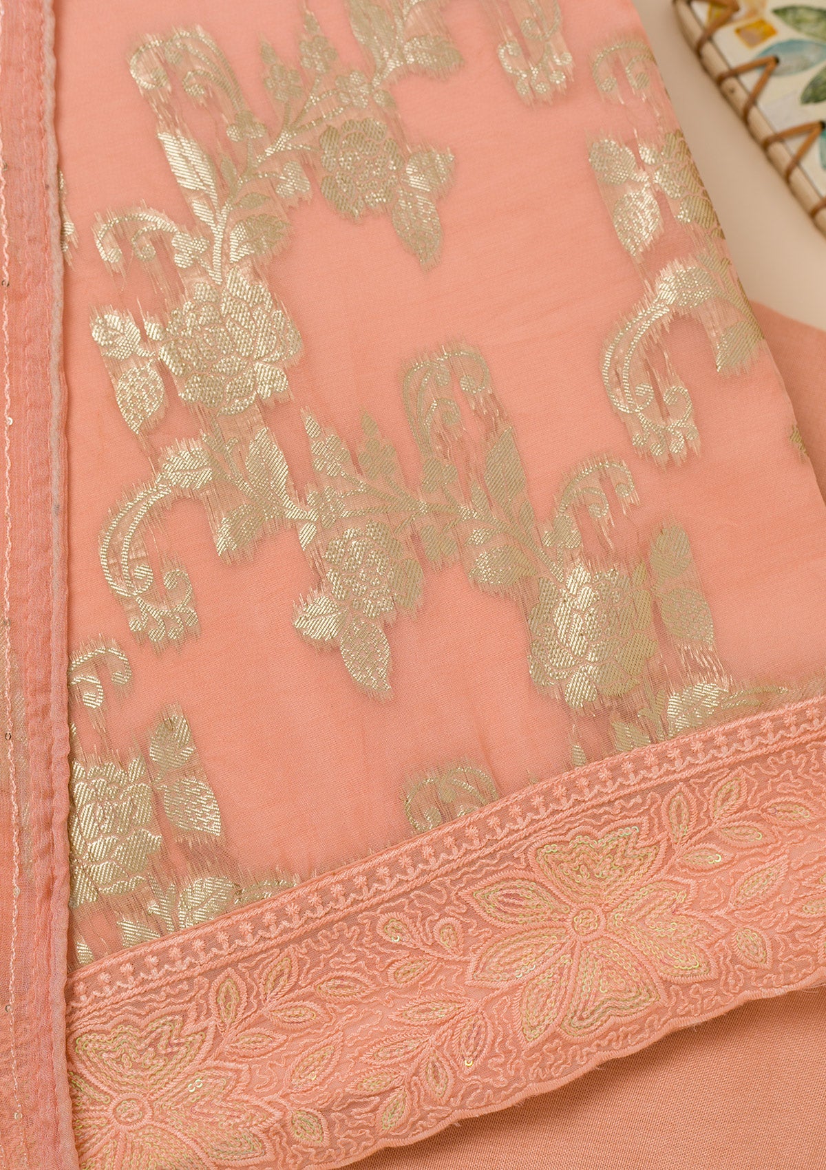 Peach Zariwork Georgette Unstitched Salwar Suit