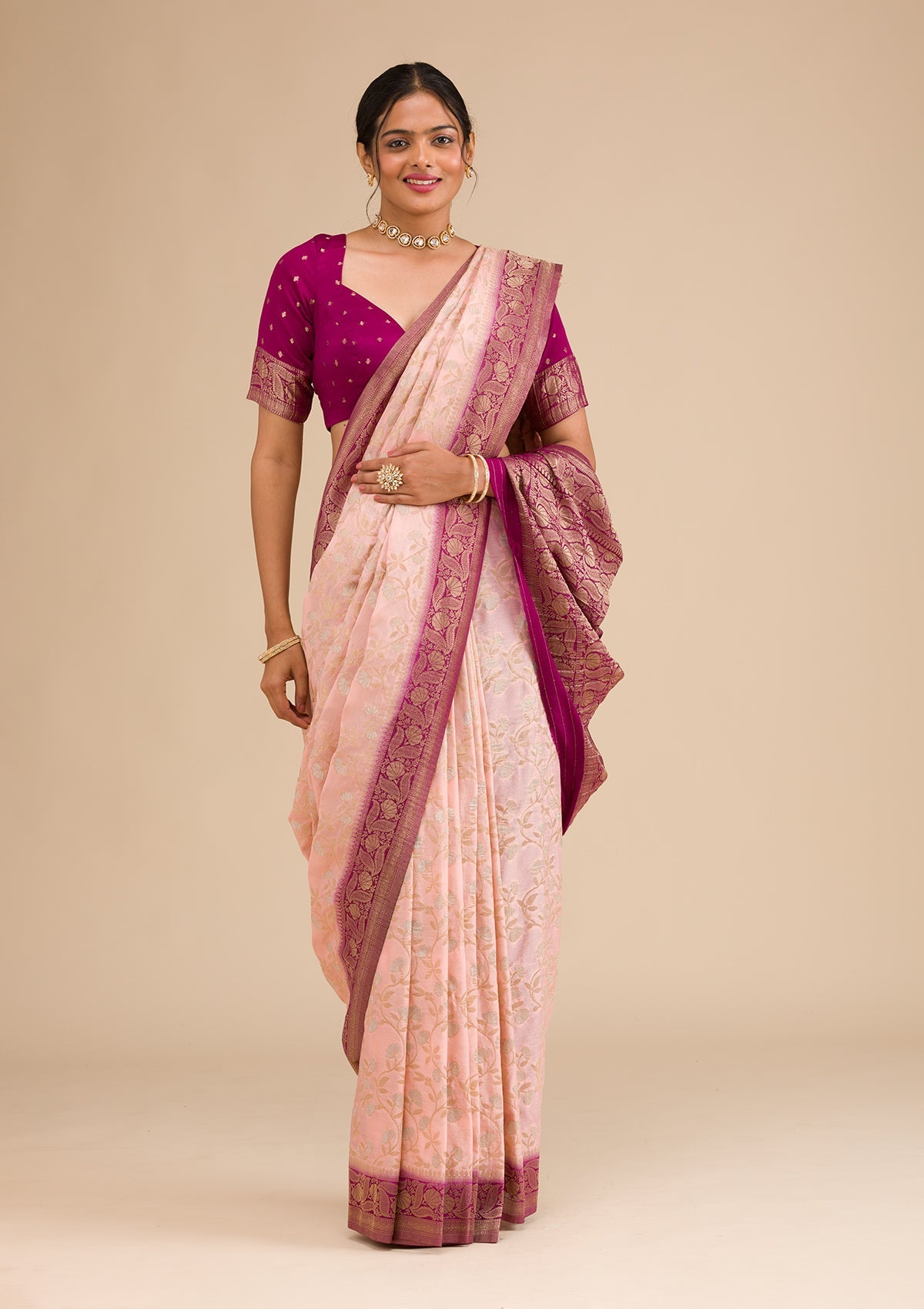 Peach Zariwork (Gold) Georgette Saree