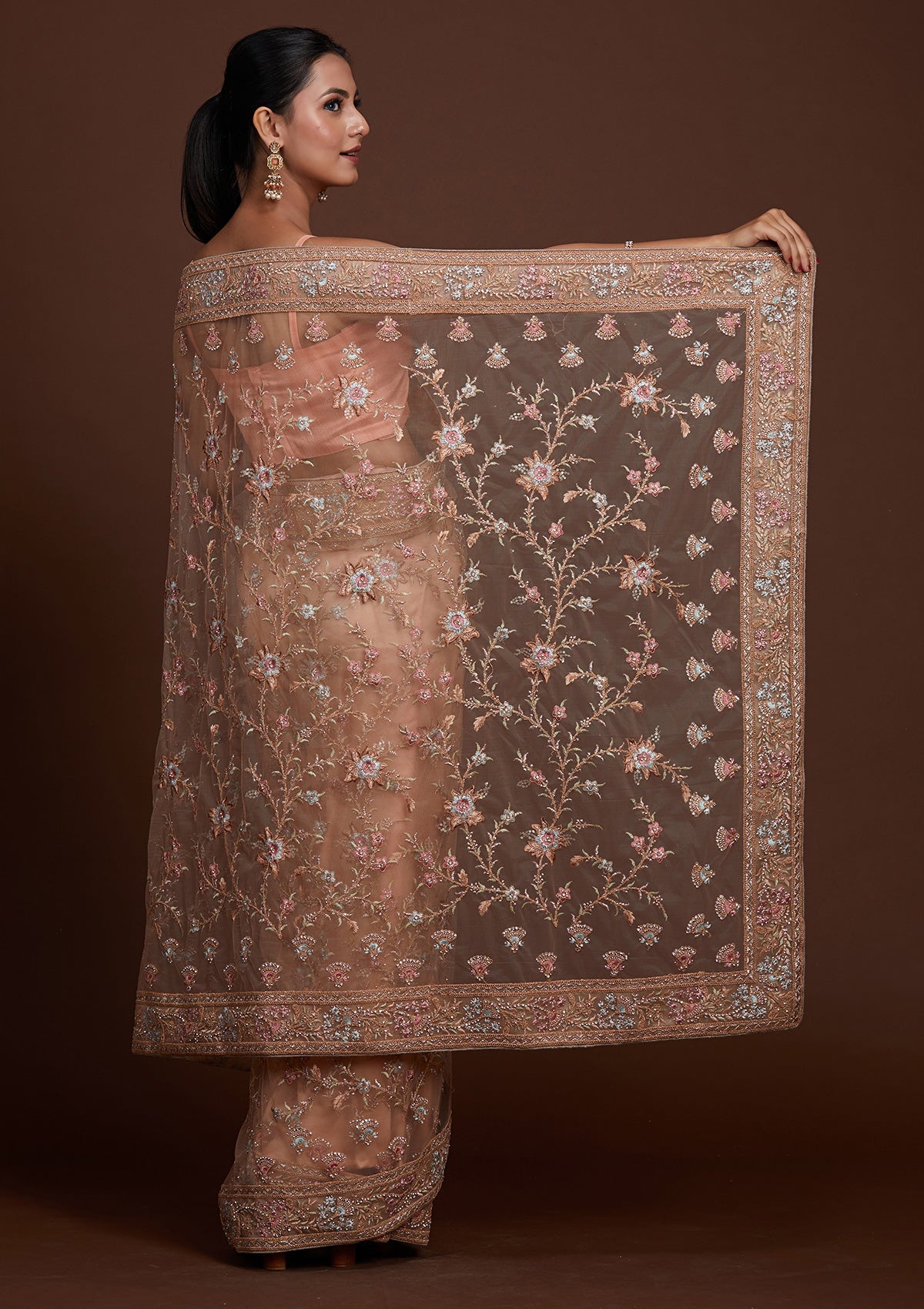 Peach Zariwork Net Designer Saree
