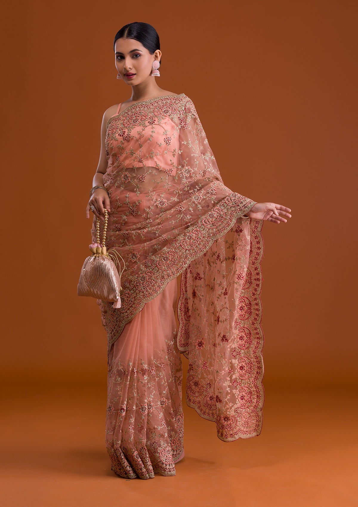 Peach Zariwork Net Designer Saree