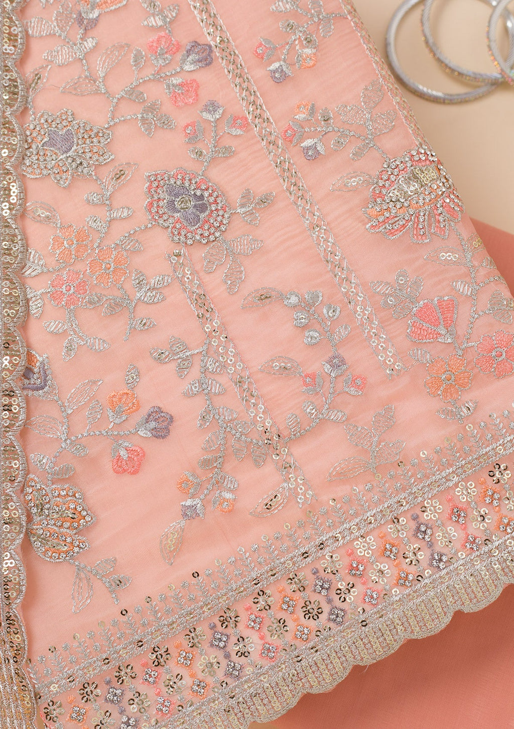 Peach Zariwork Organza Unstitched Salwar Suit