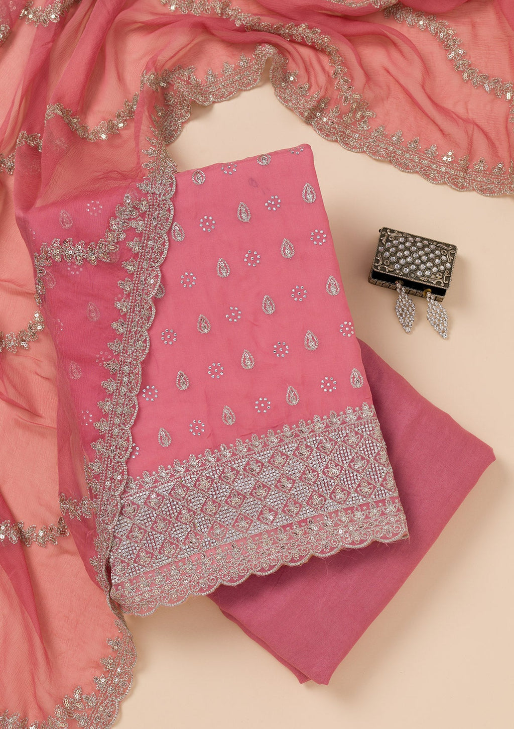 Peach Zariwork Organza Unstitched Salwar Suit