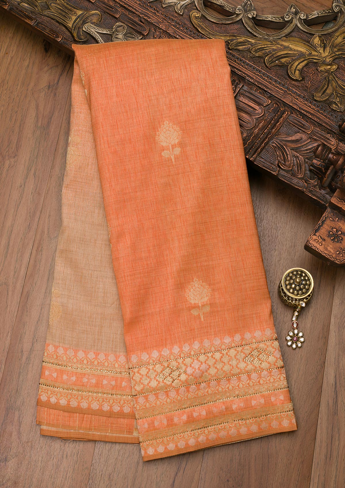 Peach Zariwork Raw Silk Saree