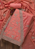 Peach Zariwork Art Silk Unstitched Salwar Suit