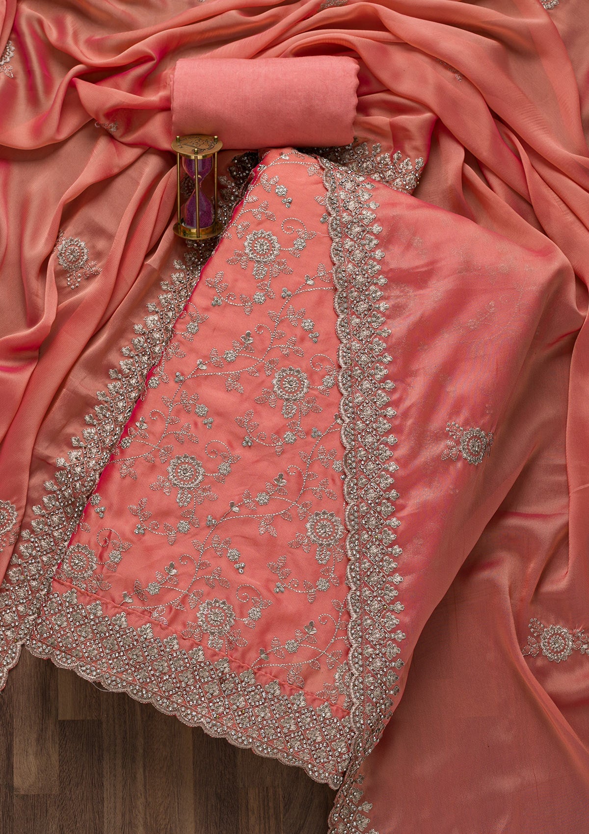 Peach Zariwork Art Silk Unstitched Salwar Suit
