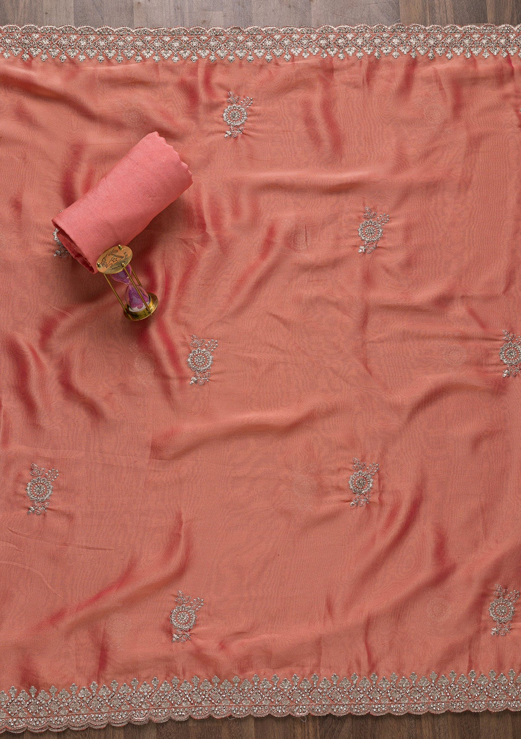 Peach Zariwork Art Silk Unstitched Salwar Suit