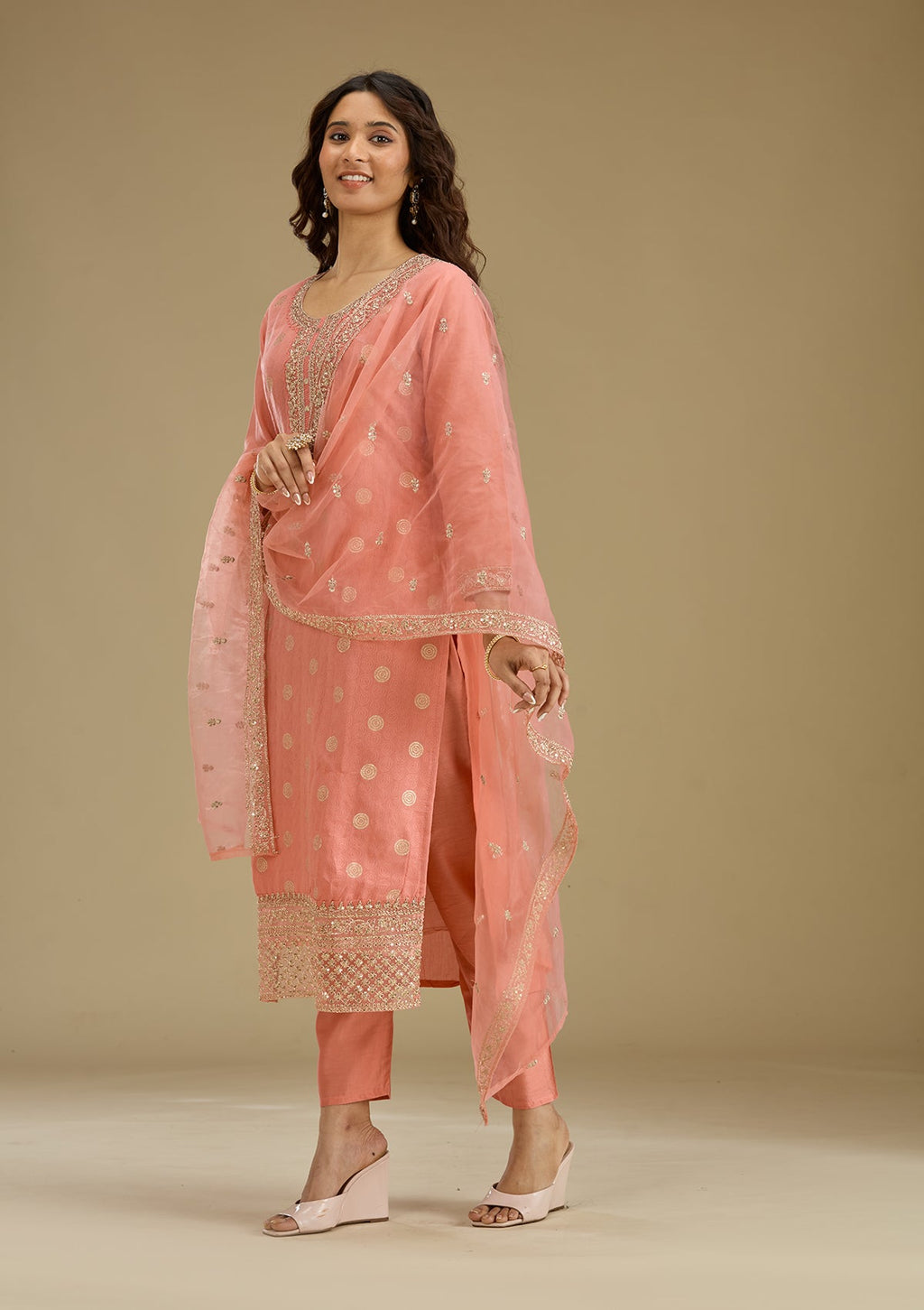 Peach Zariwork Semi Crepe Readymade Salwar Suit