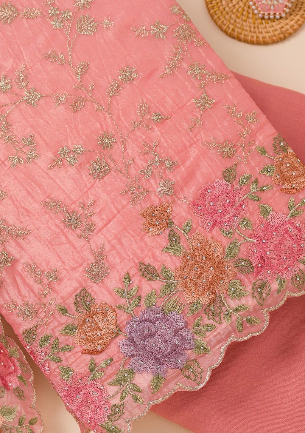 Peach Zariwork Semi Crepe Unstitched Salwar Suit